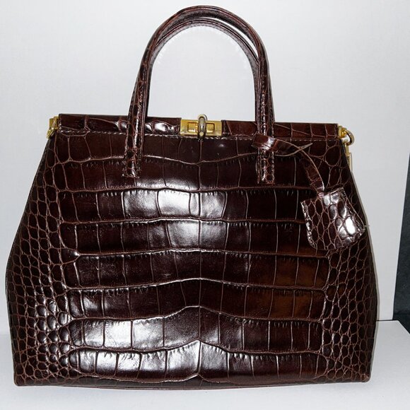 Cognac Embossed Leather Handle Bag, Made in Italy - Picture 3 of 6